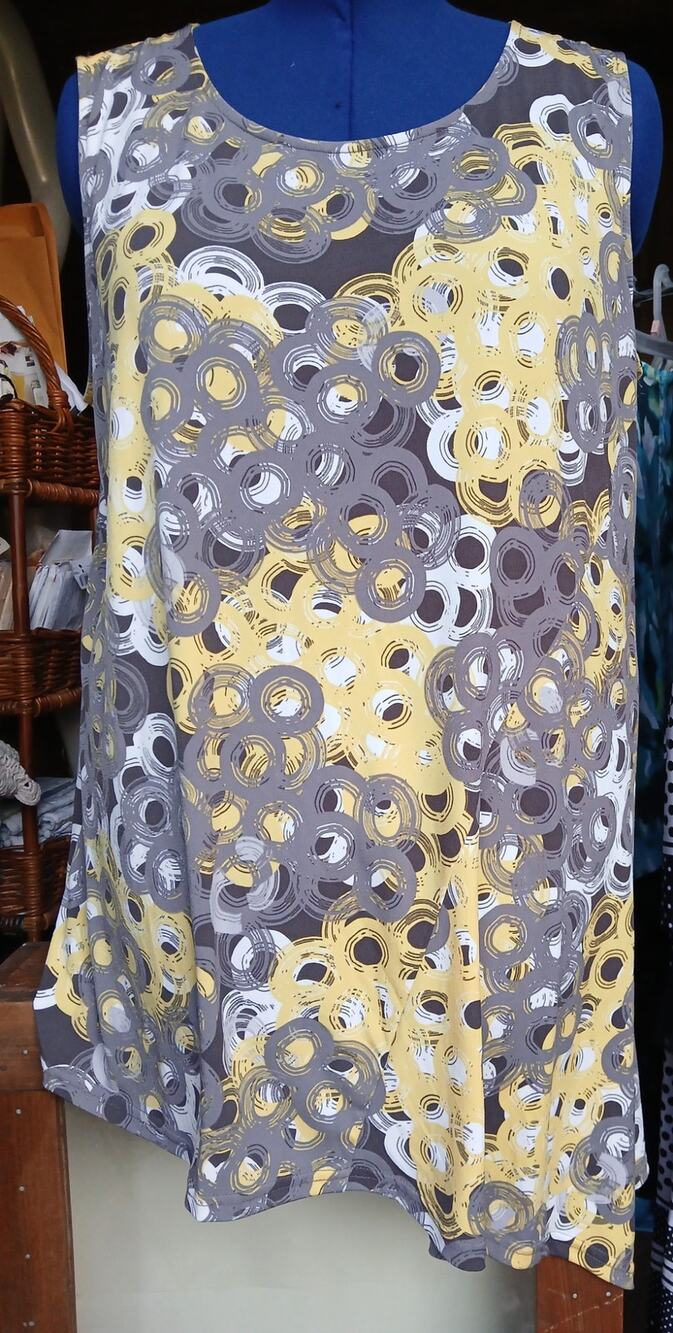 Alfani Sleeveless Asymmetrical Hem 3X Top Shirt Gray Yellow Circles Print Tank